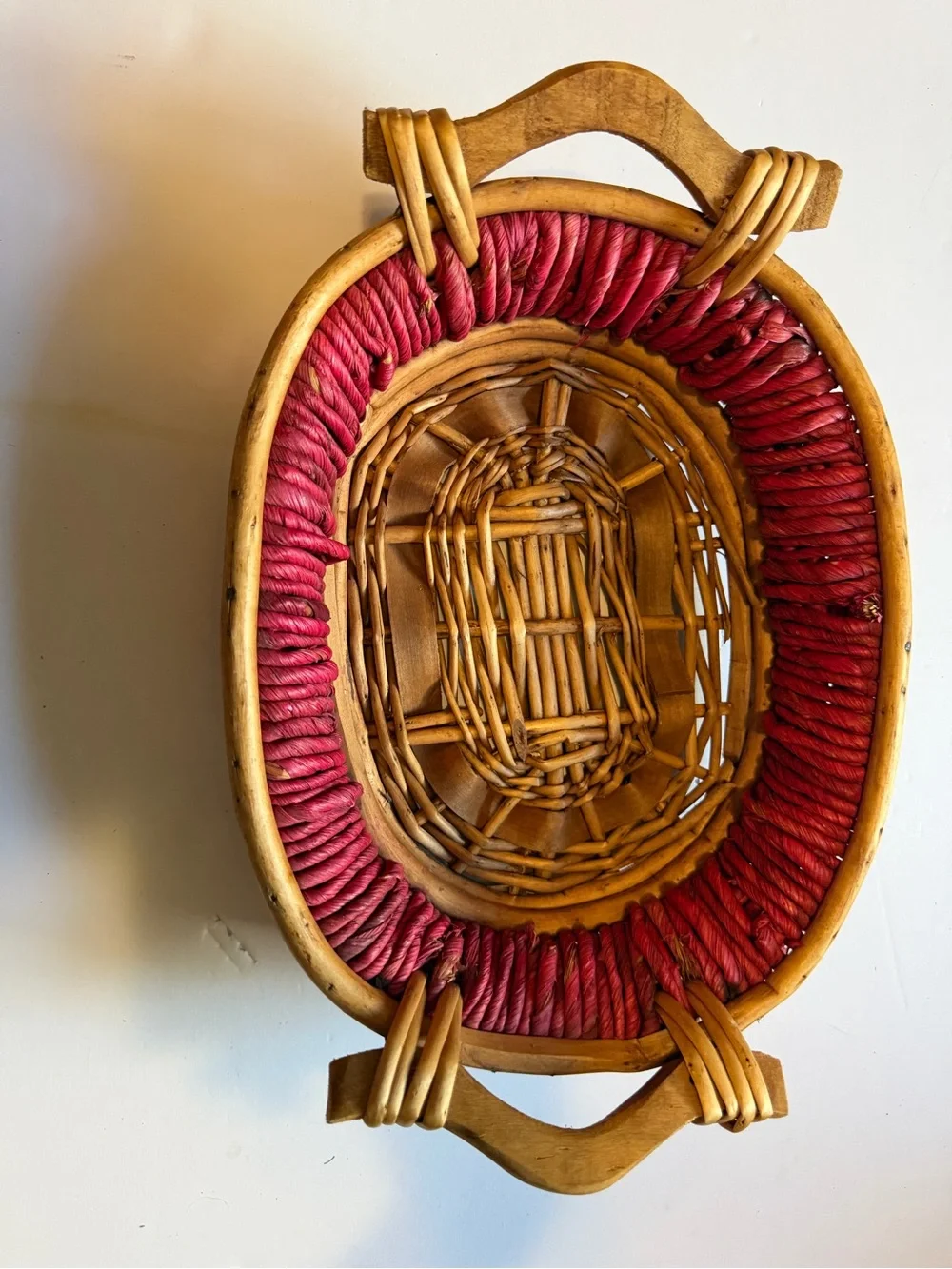 Woven Red and Natural Wicker Basket approximately 12x8x3.